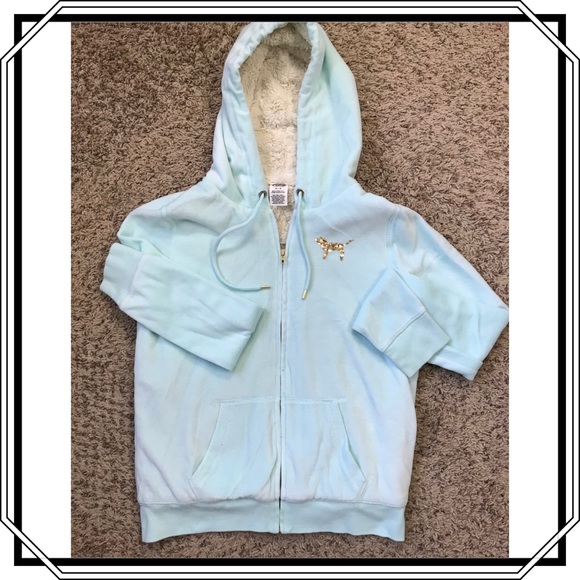 Pink By VS Blue Sequin Sherpa Hoodie M - Picture 2 of 5